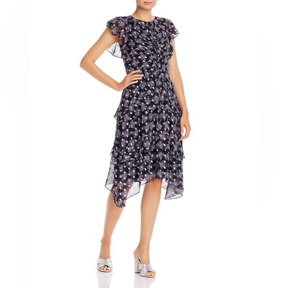 Shoshanna MAISIE CEDAR FLORAL METALLIC-PRINT‎ FLUTTER-SLEEVE DRESS SZ 8